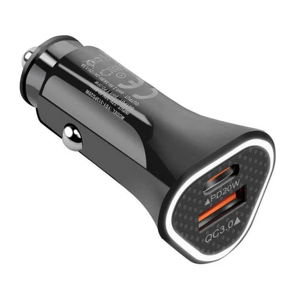 Dual Port Car Charger With PD And QC Fast Charge On The Go compact black dual-port car charger with USB-C PD20W and USB-A QC3.0