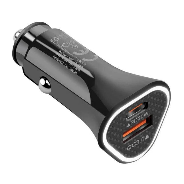Dual Port Car Charger With PD And QC Fast Charge On The Go compact black dual-port car charger with USB-C PD20W and USB-A QC3.0
