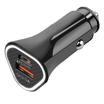 Dual Port Car Charger With PD And QC Fast Charge On The Go — compact dual-port USB-C PD 20W and USB-A QC3.0 car charger for smartphones and tablets