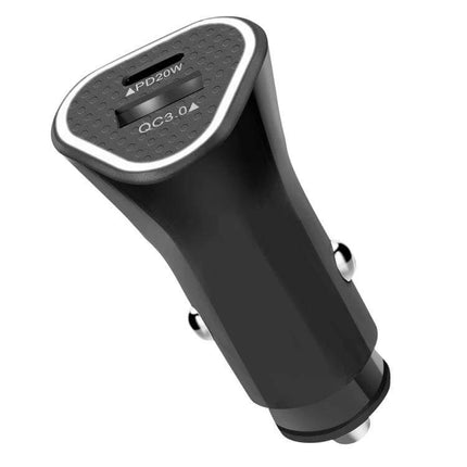 Dual Port Car Charger With PD And QC Fast Charge On The Go - compact black car charger with USB-C PD20W and USB-A QC3.0 ports