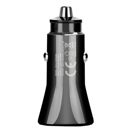 Dual Port Car Charger With PD And QC Fast Charge On The Go - compact black dual-port car charger with USB-C PD and USB-A fast charging