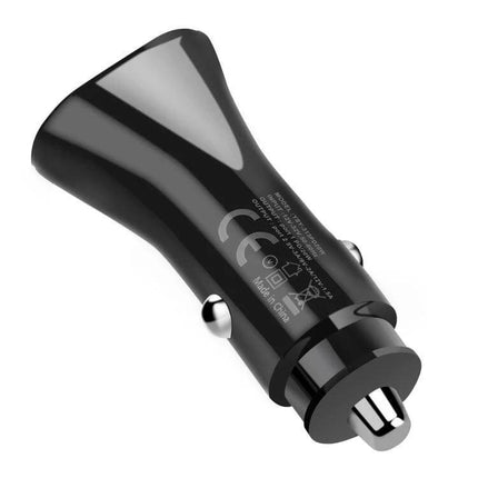 Dual Port Car Charger With PD And QC Fast Charge On The Go - compact black dual-port car charger with USB-C PD and USB-A fast charging