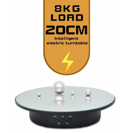 20cm USB Electric Rotating Turntable for Photography Displays showing glass 20cm platform rotating with pearls and 8kg load label