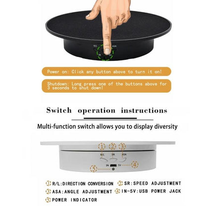 20cm USB Electric Rotating Turntable for Photography Displays showing top view, control buttons, speed and angle adjustment, and USB power jack