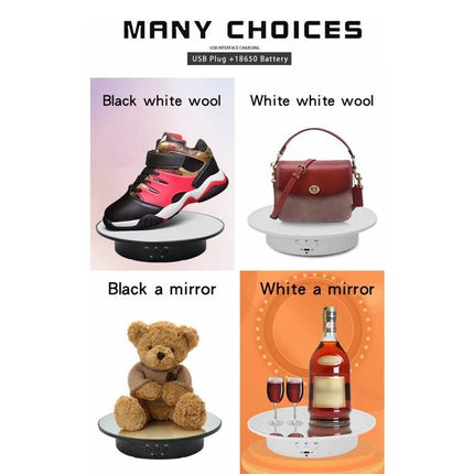 20cm USB Electric Rotating Turntable for Photography Displays showing shoe, handbag, teddy bear and bottle on white rotating platforms