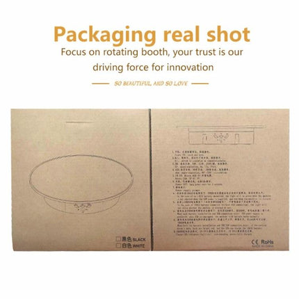 20cm USB Electric Rotating Turntable for Photography Displays packaged in cardboard box with product diagram and specifications