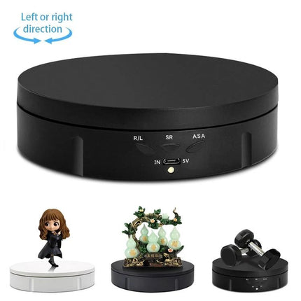 USB Electric Rotating Turntable for Photography Displays showcasing jewelry, figurines and electronics on a smooth 360-degree rotating black platform