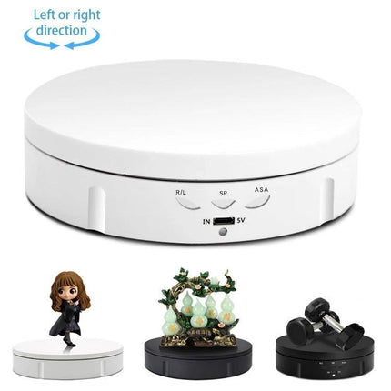 USB Electric Rotating Turntable for Photography Displays showing white rotating display platform with control ports and sample product placements