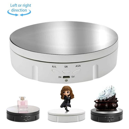 USB Electric Rotating Turntable for Photography Displays showing white rotating display platform with USB port and sample product shots
