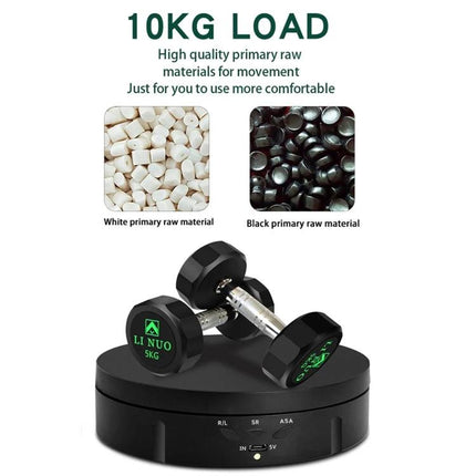 USB Electric Rotating Turntable for Photography Displays showing dumbbells on a rotating platform with 10kg load and USB power