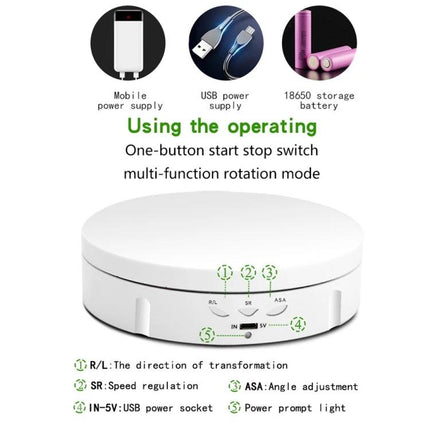 USB Electric Rotating Turntable for Photography Displays showing white USB-powered rotating display with speed, angle and USB power socket controls