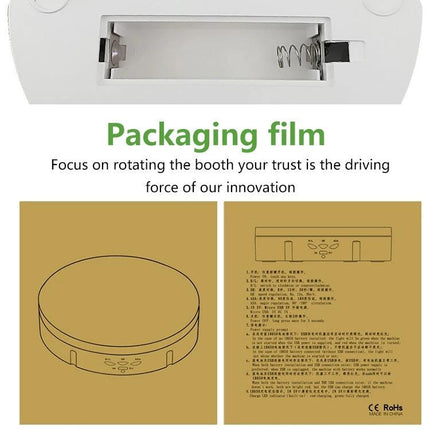 USB Electric Rotating Turntable for Photography Displays showing battery compartment and packaging diagram
