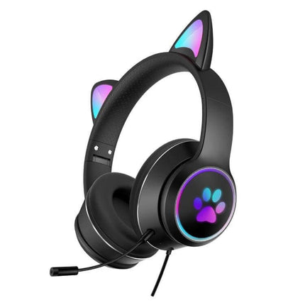 Alt Tag: Foldable Cat Ear Headset With Rotating Mic For Calls black LED paw gaming headset, foldable comfort, 360° mic