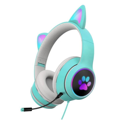 Foldable Cat Ear Headset With Rotating Mic For Calls in teal with paw LED, foldable design, 360° adjustable mic for clear calls