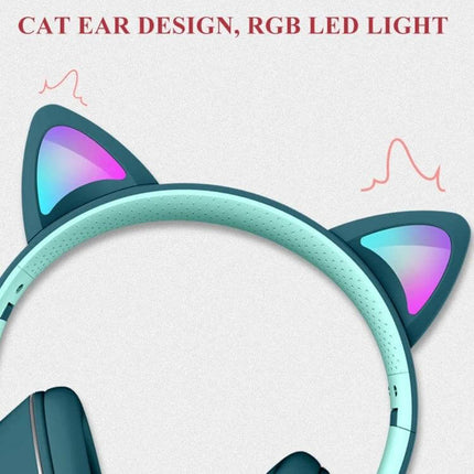 Foldable Cat Ear Headset With Rotating Mic For Calls showcasing teal cat-ear RGB LED foldable design for gaming and calls