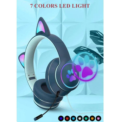Foldable Cat Ear Headset With Rotating Mic For Calls showing blue LED ears paw lights portable comfort
