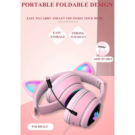 Foldable Cat Ear Headset With Rotating Mic For Calls pink portable foldable design, adjustable 360° mic for gaming and calls