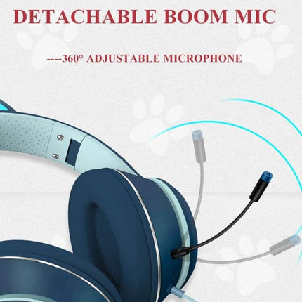 Foldable Cat Ear Headset With Rotating Mic For Calls showing detachable 360° adjustable boom mic and cushioned earcups