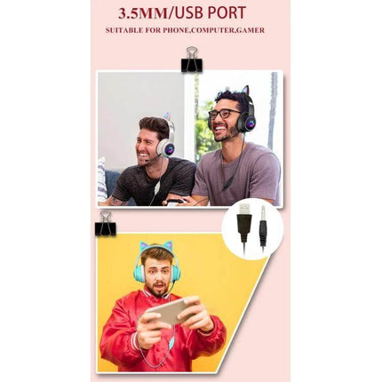 Foldable Cat Ear Headset With Rotating Mic For Calls showing two gamers and a mobile player with USB and 3.5mm cable