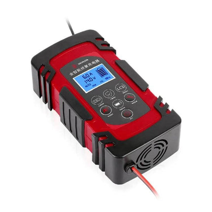 Demuda Car Battery Charger With Intelligent Pulse Repair showing red-black charger with LCD display and control buttons