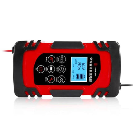 Demuda Car Battery Charger With Intelligent Pulse Repair showing red unit with LCD status display and clamps for car battery maintenance