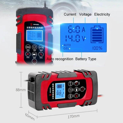 Demuda Car Battery Charger With Intelligent Pulse Repair showing LCD status display and compact red-black charger unit