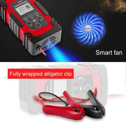 Demuda Car Battery Charger With Intelligent Pulse Repair showing red charger, smart fan and fully wrapped alligator clips