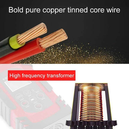 Demuda Car Battery Charger With Intelligent Pulse Repair showing bold pure copper tinned core wires and high-frequency transformer component