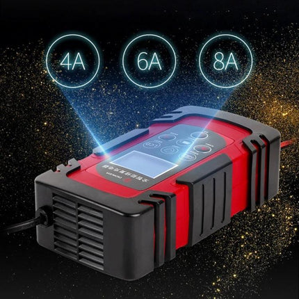 Demuda Car Battery Charger With Intelligent Pulse Repair showing 4A 6A 8A charging modes, three-stage charging and pulse repair for lead-acid batteries