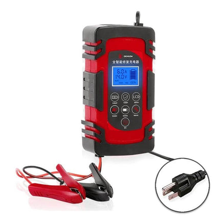 Demuda Car Battery Charger With Intelligent Pulse Repair red and black unit with LCD display, clamps and power cord for car battery maintenance
