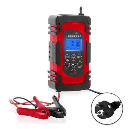 Demuda Car Battery Charger With Intelligent Pulse Repair compact red/black charger with LCD, clamps and plug for car, truck and van battery maintenance
