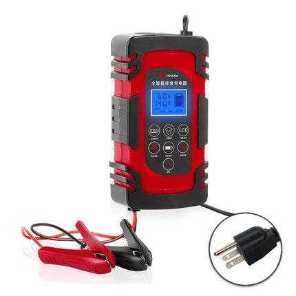 Demuda Car Battery Charger With Intelligent Pulse Repair - red/black charger with LCD, clamps and plug for car, truck and van battery recovery