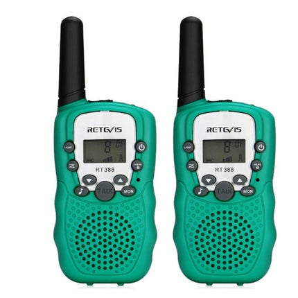 RETEVIS RT388 Children's Handheld Walkie Talkie for Playtime Communication - pair of green kid-friendly two-way radios with LCD displays