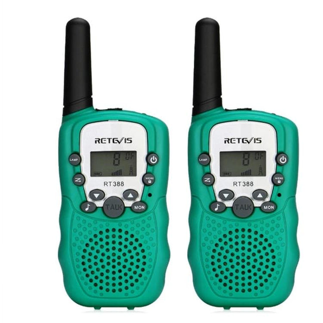 RETEVIS RT388 Children's Handheld Walkie Talkie for Playtime Communication - pair of green kid-friendly two-way radios with LCD displays
