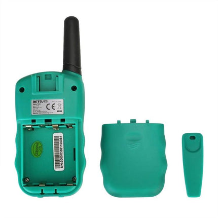 RETEVIS RT388 Children's Handheld Walkie Talkie for Playtime Communication showing teal back cover, battery compartment and belt clip