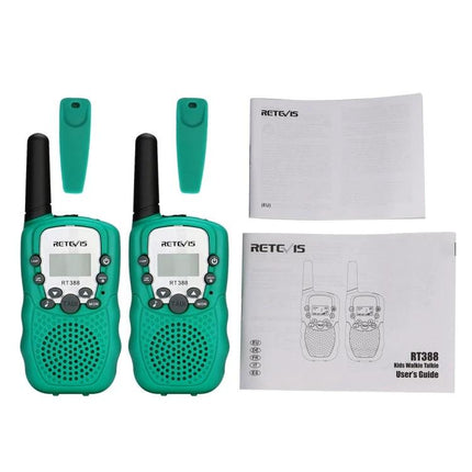 RETEVIS RT388 Children's Handheld Walkie Talkie for Playtime Communication - pair of green kids walkie talkies with antennas and user guides