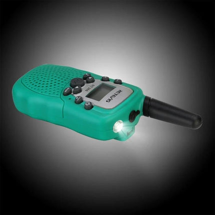 RETEVIS RT388 Children's Handheld Walkie Talkie for Playtime Communication showing teal unit with buttons, display, antenna and built-in flashlight