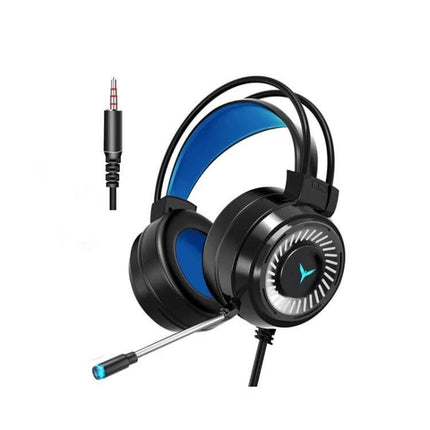 Wired Gaming Headset With Microphone For Long Comfort featuring suspended head beam, blue cushions, omnidirectional mic