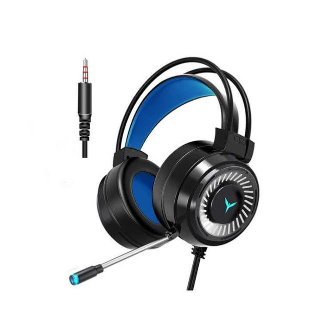 Wired Gaming Headset With Microphone For Long Comfort featuring suspended head beam, blue cushions, omnidirectional mic