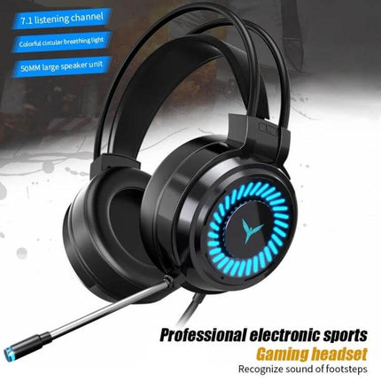 Wired Gaming Headset With Microphone For Long Comfort sleek black LED over-ear headset with boom mic and suspended head beam design