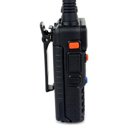 RETEVIS Handheld Walkie Talkie for Everyday Communication Use black side view with orange call button and belt clip