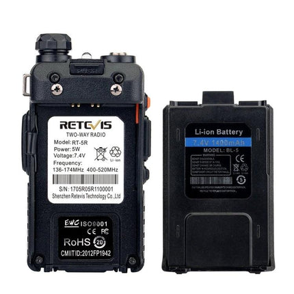 RETEVIS Handheld Walkie Talkie for Everyday Communication Use rear view showing battery removed and label details