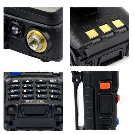 RETEVIS Handheld Walkie Talkie for Everyday Communication Use close-up of antenna connector, battery contacts, keypad and side buttons