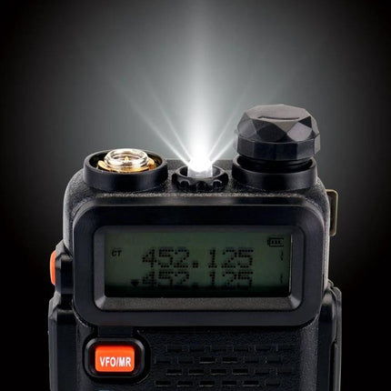 RETEVIS Handheld Walkie Talkie for Everyday Communication Use showing display, antenna socket and LED flashlight for hiking and outdoor use