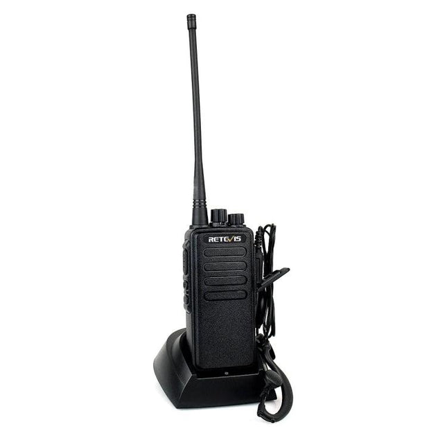 Retevis RT1 Handheld Walkie Talkie for Everyday Communication black radio on charging dock with antenna and belt clip