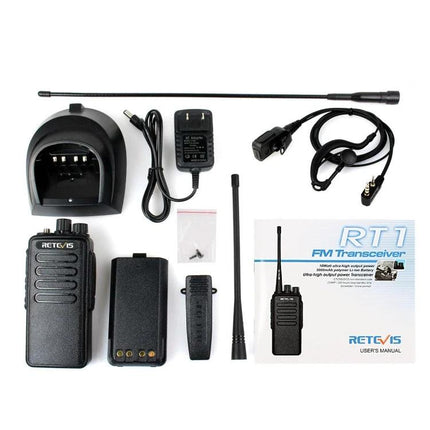 Retevis RT1 Handheld Walkie Talkie for Everyday Communication with charger, battery, antennas, earpiece and user manual