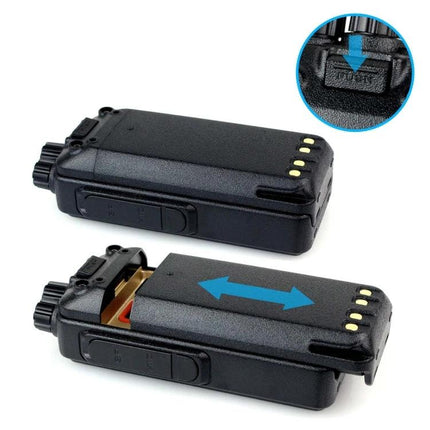 Retevis RT1 Handheld Walkie Talkie for Everyday Communication showing removable battery pack and slide release mechanism