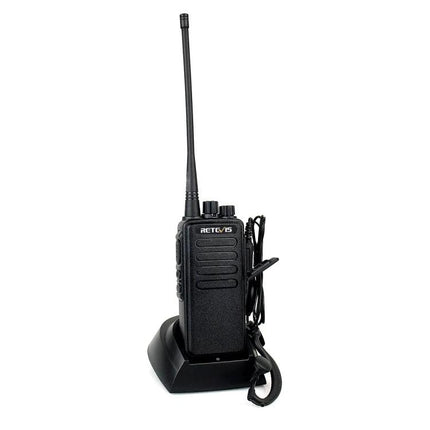 Retevis RT1 Handheld Walkie Talkie for Everyday Communication on charging stand, long antenna and belt clip