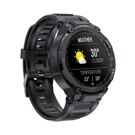 Daily Smart Watch for Health Tracking in Everyday Life showing weather screen, rugged black design and silicone strap