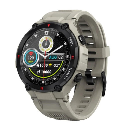 Daily Smart Watch for Health Tracking in Everyday Life rugged beige smartwatch showing heart rate, steps, and notifications on display